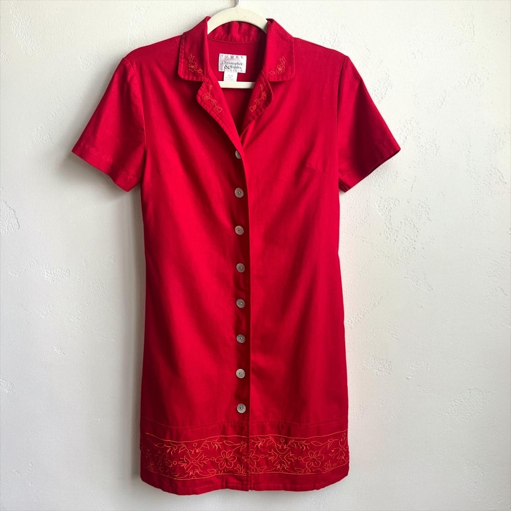 Vintage Red Linen Blend Dress Women's 4 90s Country Floral Embroidery Cottage